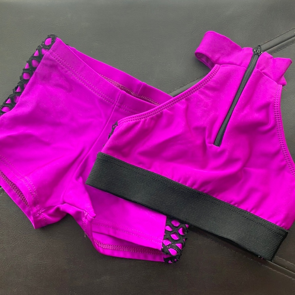 Motionwear Dance Purple Sports Bra and Booty Shorts with Black Net; Size 6X-7.